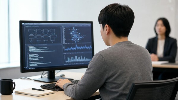 반도체 엔지니어 지원자가 컴퓨터로 AI 활용 문제해결 과제를 수행하는 재현 장면