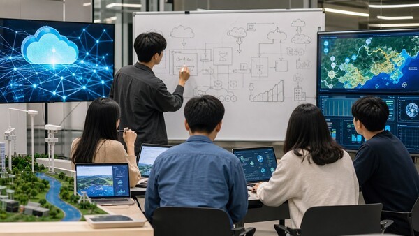AI와 디지털 기술로 기후와 지역 문제 해결안을 설계하는 팀을 재현한 장면