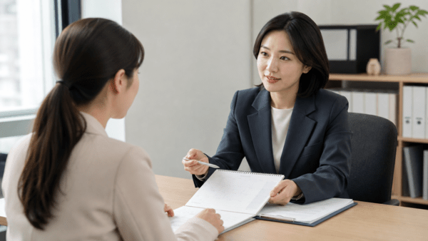직원이 인사담당자와 휴가 일정과 사내 제도를 상담하는 상황 재현 장면
