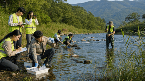 산을 배경으로 흐르는 강에서 전문가와 시민·학생 조사원이 수질과 수변 생물을 관찰하고 기록하는 상황 재현 장면