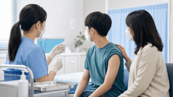 의료진이 보호자와 함께 온 청소년의 독감 예방접종을 준비하는 모습