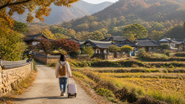 가을 농촌마을로 여행을 떠나는 여행자
