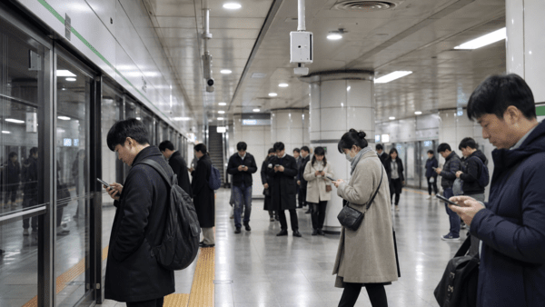 지하철 승강장에서 스마트폰을 사용하는 시민들